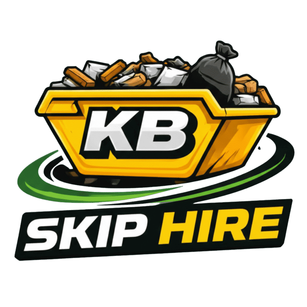 KB Skip Hire Glasgow logo featuring a yellow skip filled with waste and bold black and yellow text.