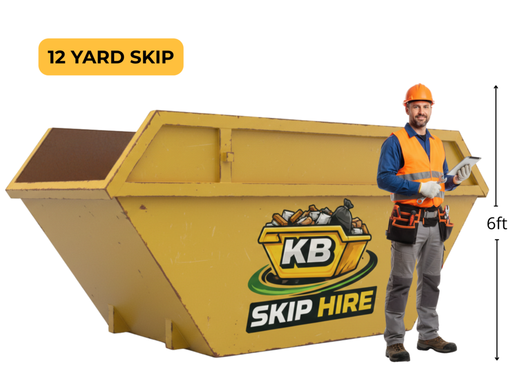 A large yellow 12-yard maxi skip for bulky waste hire in Glasgow and Edinburgh shown next to a 6ft person for scale.