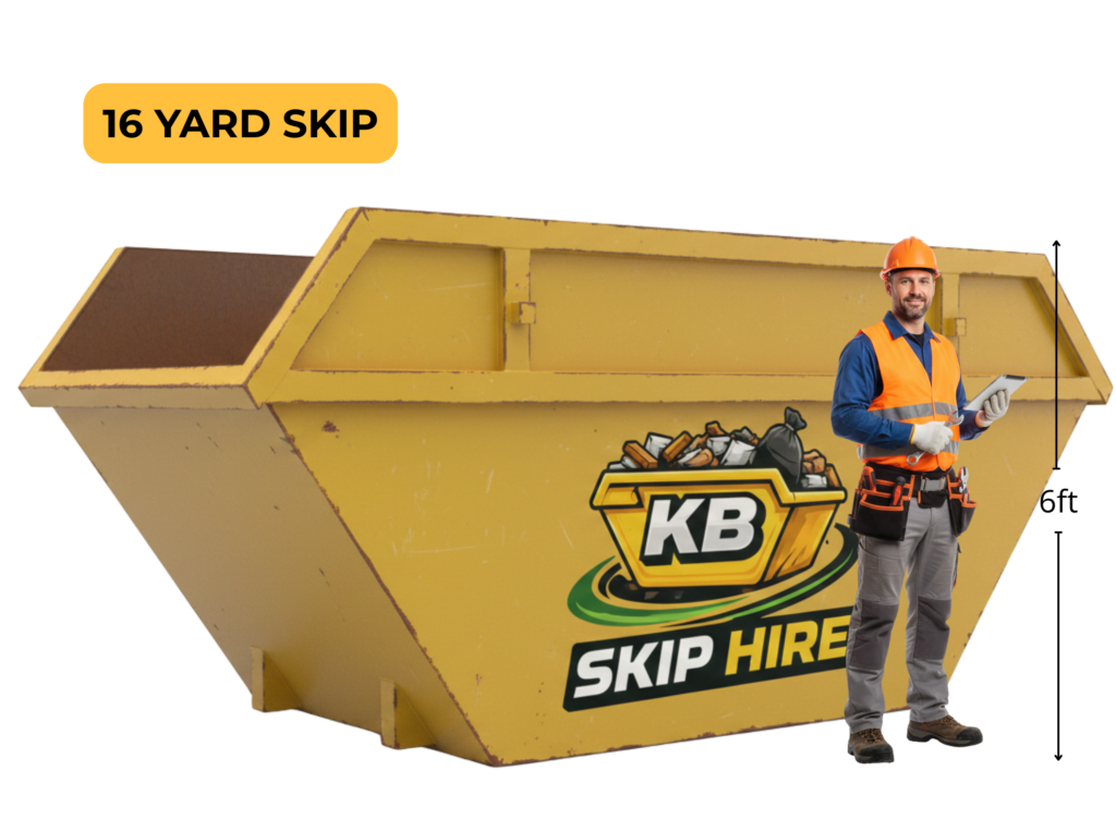 A large yellow 16-yard skip from KB Skip Hire, approximately 6ft high, suitable for large-scale commercial and domestic clearances in Glasgow and Edinburgh.