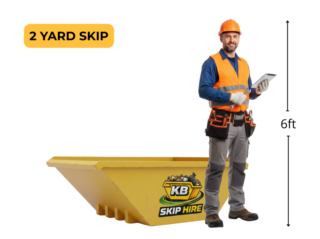A 2-yard mini skip container for waste hire in Glasgow and Edinburgh next to a 6ft tall worker for scale.