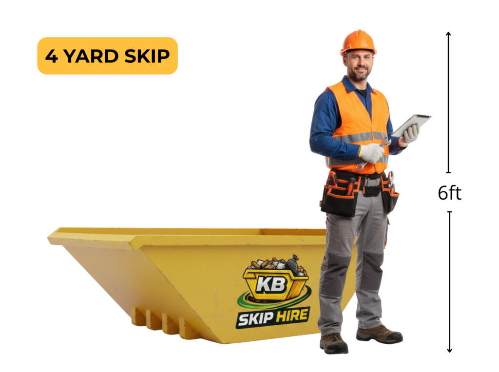 A yellow 4-yard midi skip for waste disposal in Glasgow and Aberdeen shown next to a 6ft person for size reference.