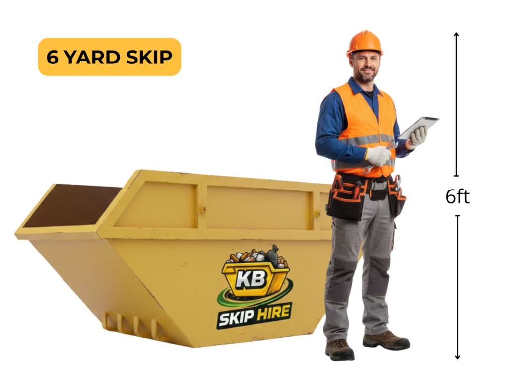 A 6-yard yellow builders skip for heavy waste disposal in Glasgow and Dundee, pictured next to a 6ft tall person for scale.