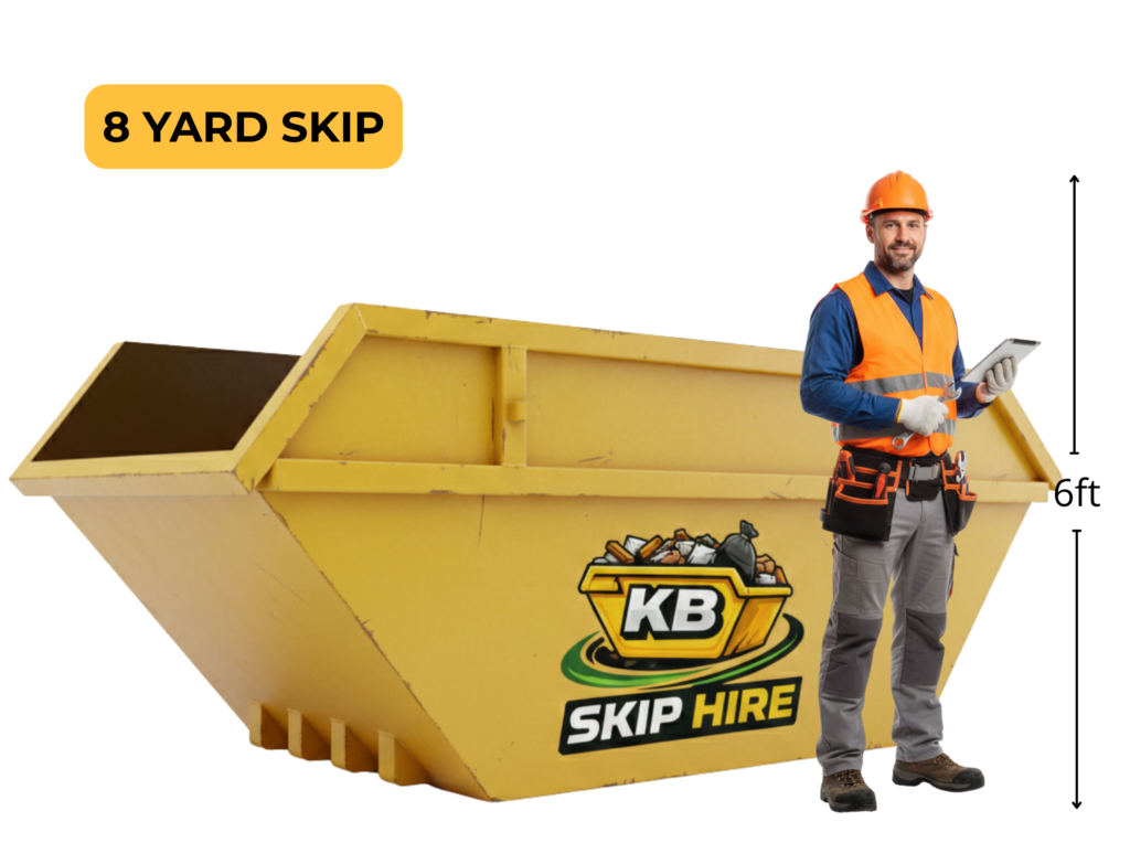 A large 8-yard builders skip for construction waste hire in Glasgow and Edinburgh, shown next to a 6ft person for scale.