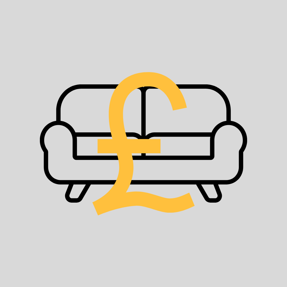 An icon of a sofa with a currency symbol, indicating that upholstered furniture like beds and sofas may incur an additional disposal fee in our skips.