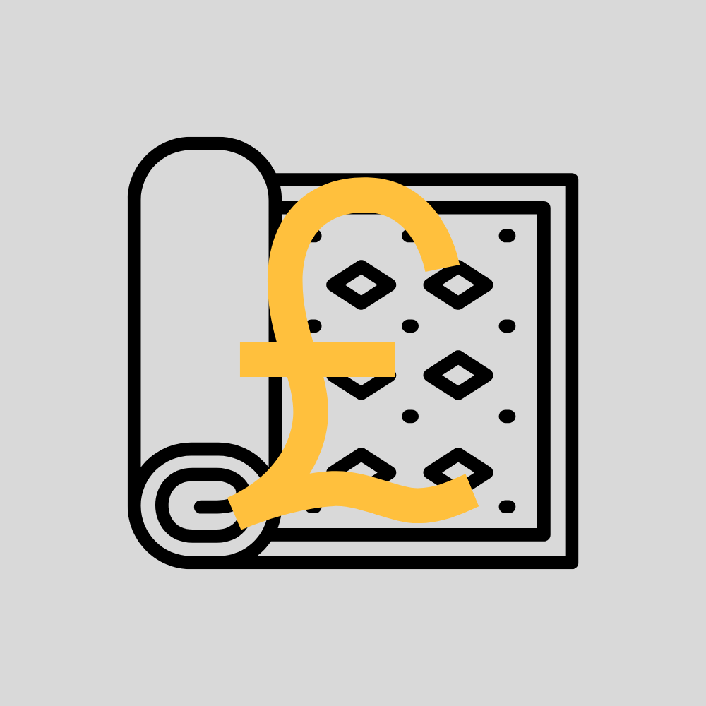 An icon of a rolled carpet and fabric with a currency symbol, indicating that carpets and textiles may incur an additional fee in our skips.
