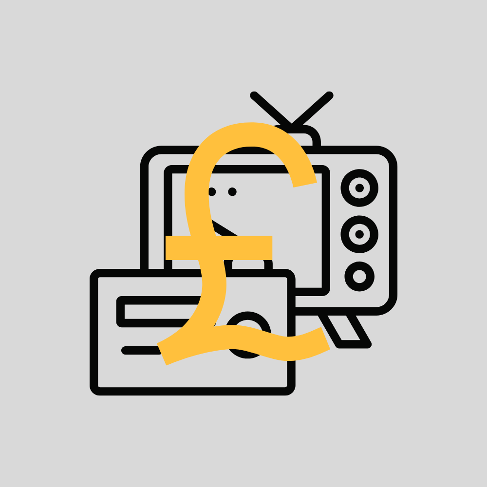 An icon of a television and computer monitor with a currency symbol, indicating that electronic waste (WEEE) may incur an additional disposal fee in our skips.