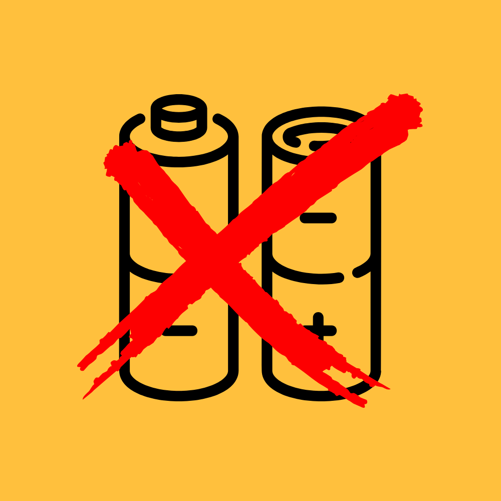 An icon of two batteries with a large red cross, indicating that batteries are strictly prohibited in our skips in Glasgow and Edinburgh.