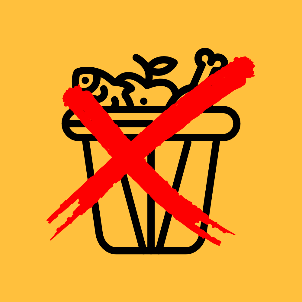 An icon of a bin full of food scraps with a large red cross, indicating that food waste is not accepted in our skips in Glasgow and Edinburgh.