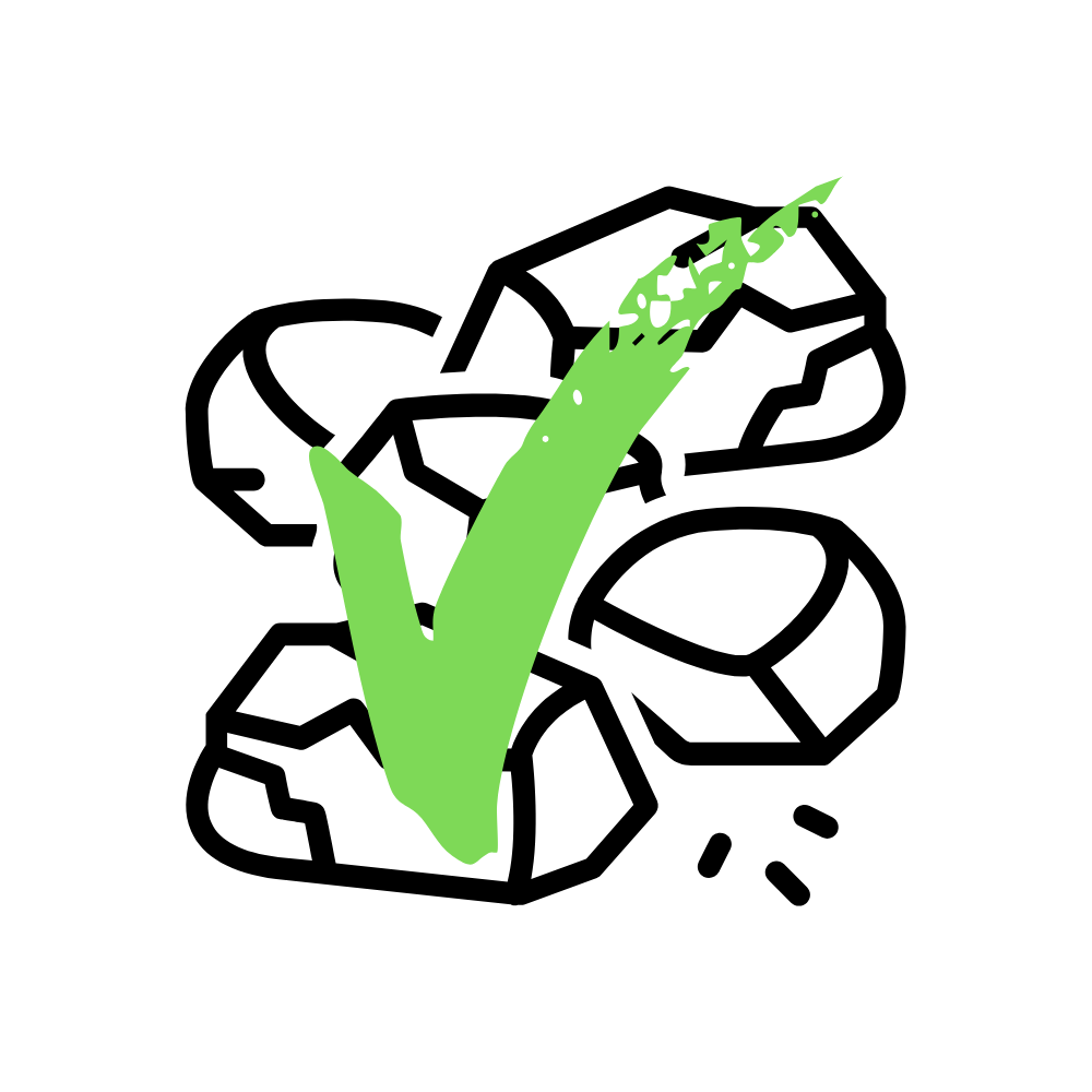 An icon of large stones and rocks with a green checkmark, indicating that hardcore and heavy rubble are accepted in our skips in Glasgow and Edinburgh.