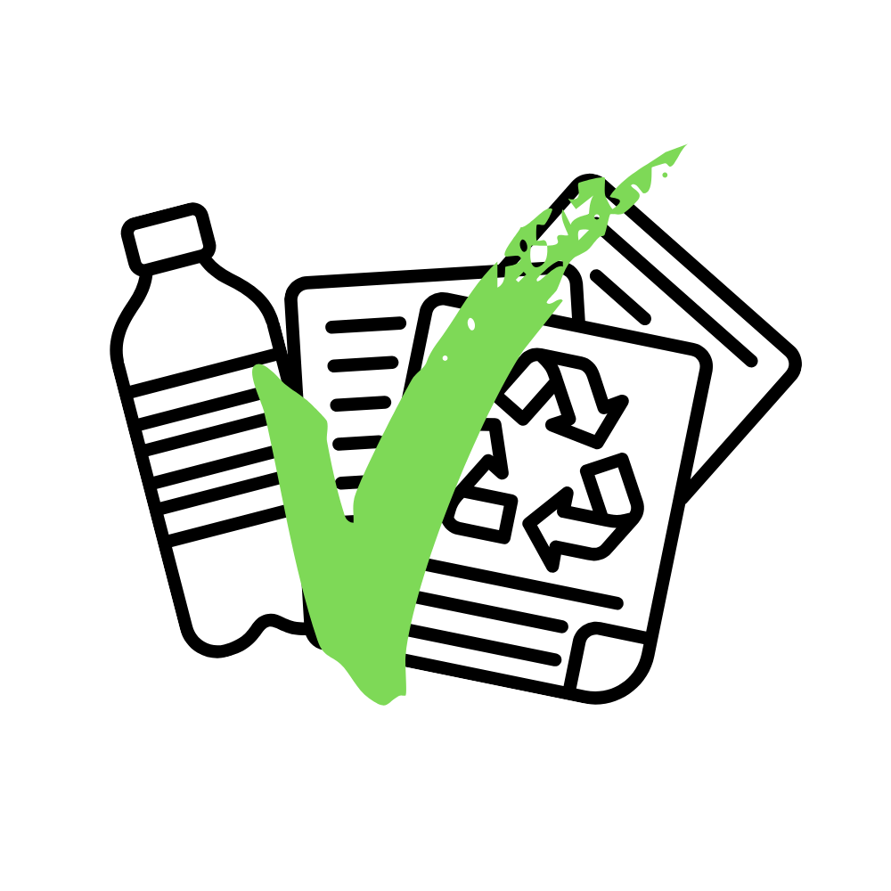 An icon of a plastic bottle and paper sheets with a green checkmark, confirming plastic and paper waste are accepted in our skips in Glasgow and Edinburgh.
