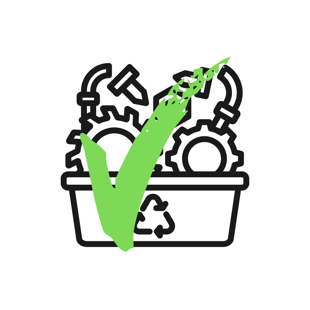 An icon of metal gears and scrap parts with a green checkmark, showing that scrap metal is accepted in our skips across Glasgow and Edinburgh.