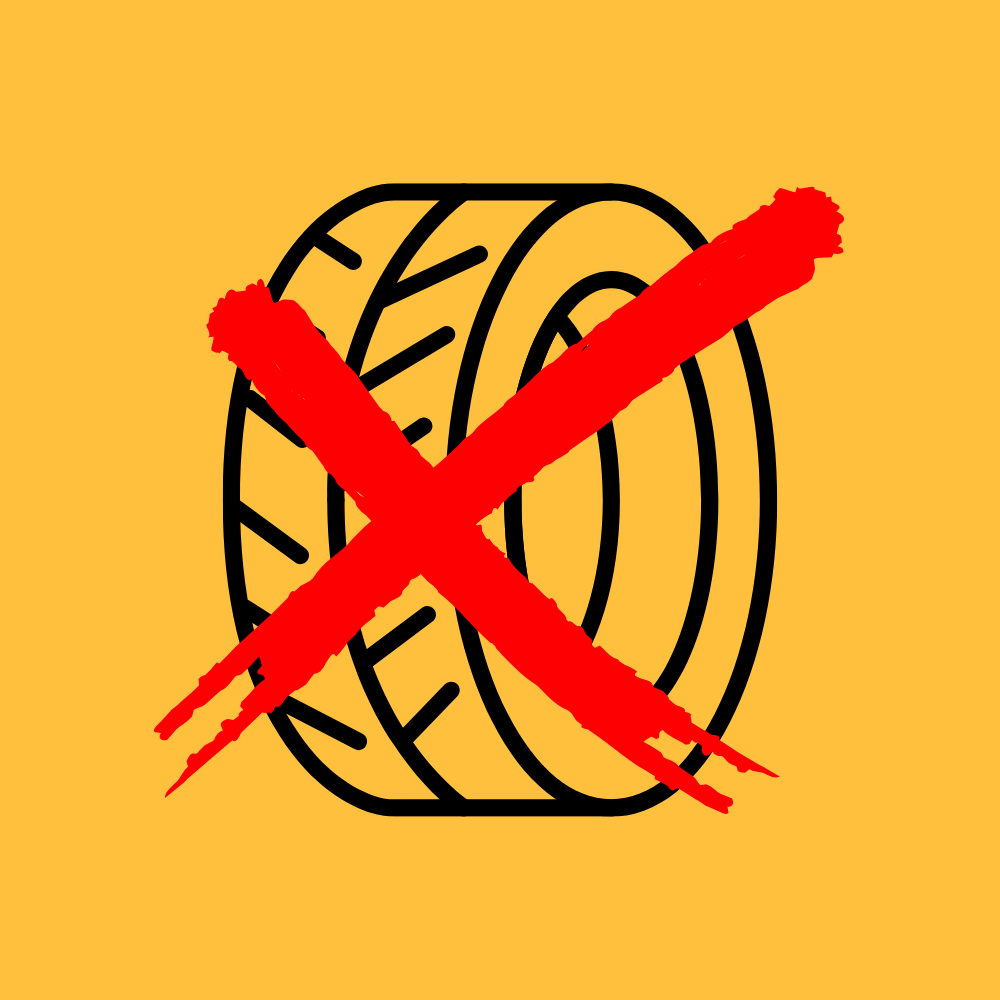 An icon of a car tyre with a large red cross, indicating that tyres are not accepted in our skips across Glasgow and Edinburgh.