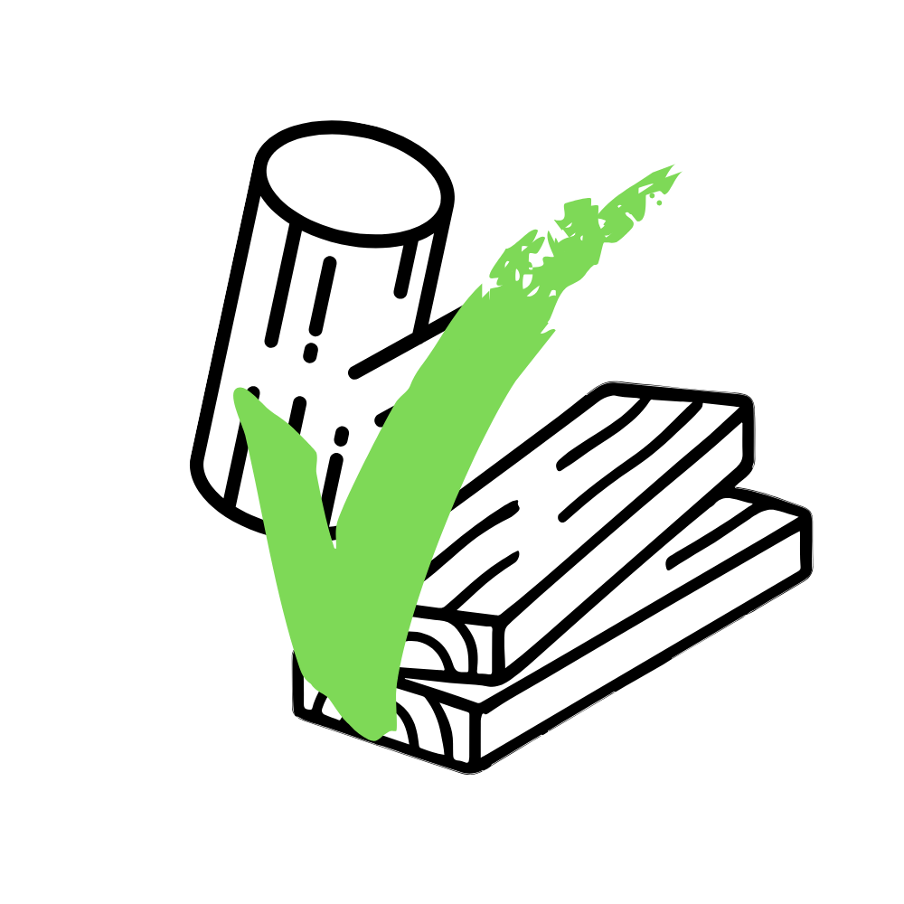 An icon showing timber and logs with a green checkmark, confirming that wood waste is accepted in our skips across Glasgow and Edinburgh.